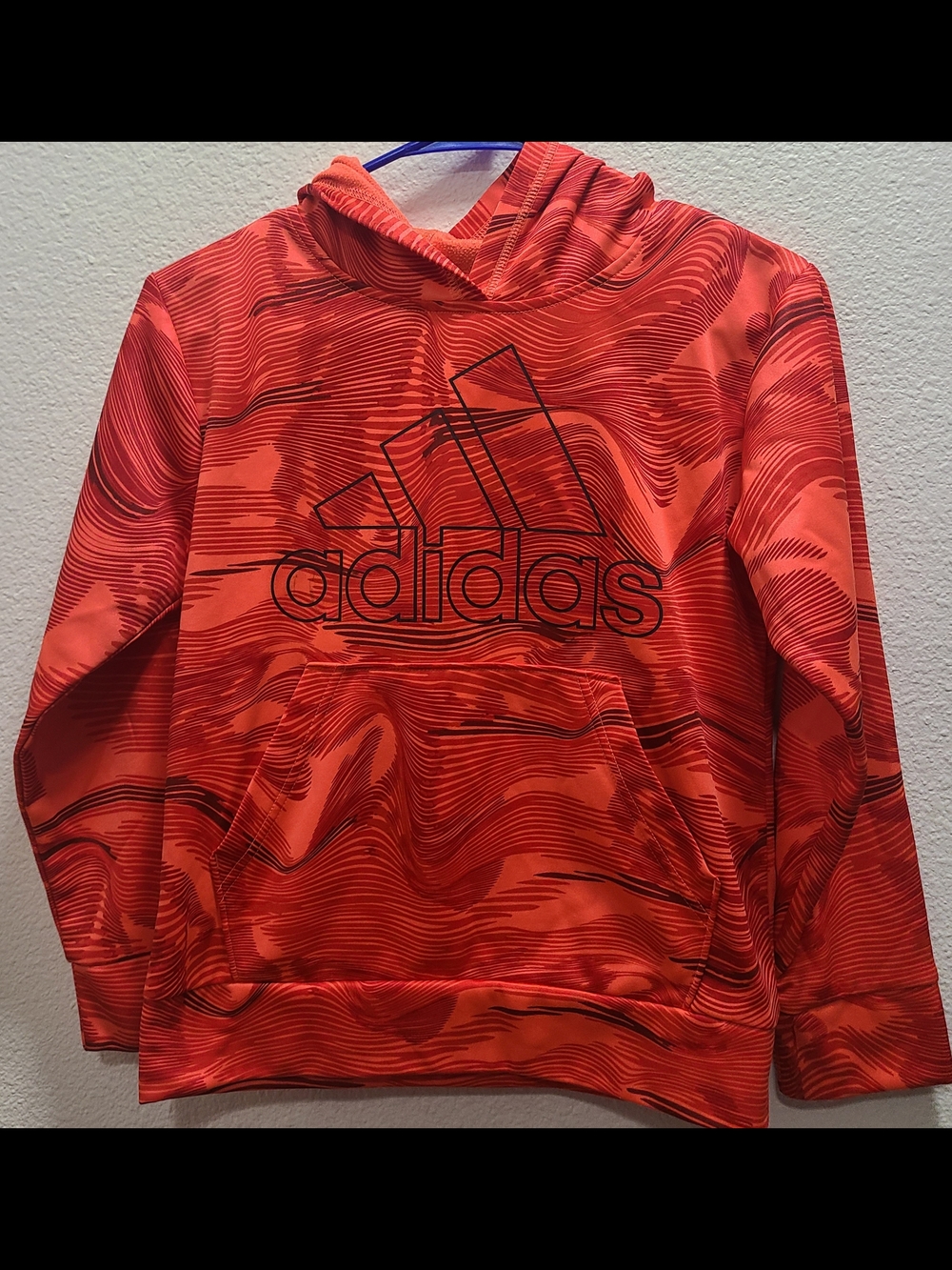 adidas Kids Orange Red Wave-Print Hoodie with Black Logo